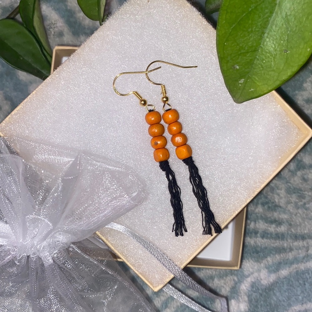 Orange Beaded Hand Crafted Macrame Tassel Fringe Earrings Wood Beaded Accents